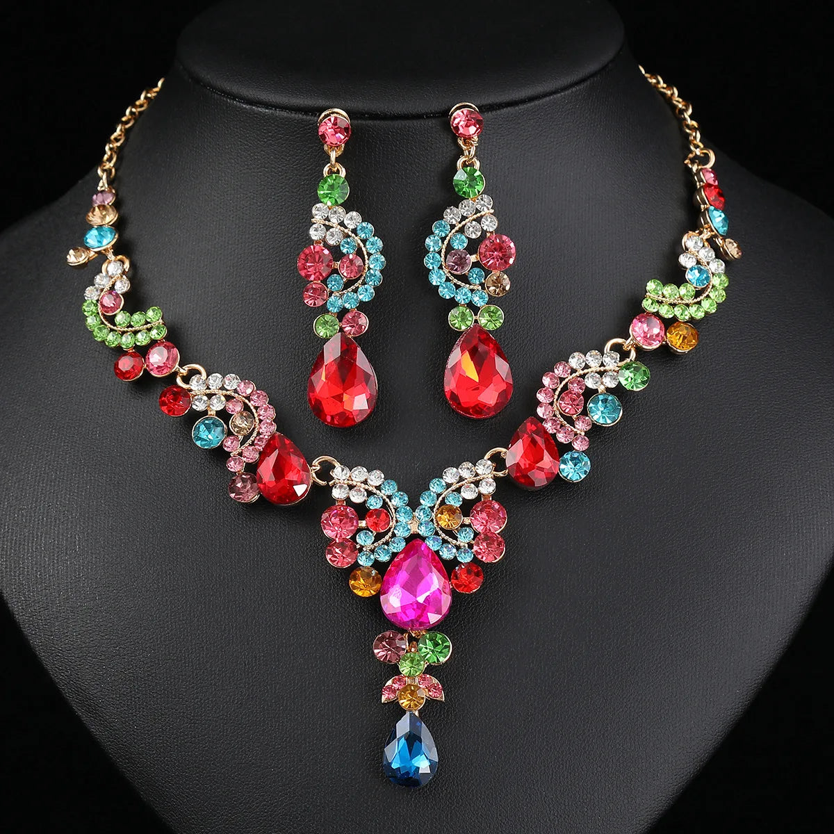 Women's Jewelry Set (2 Pieces) | Elegant Blue Drop Pendant Necklace and Stud Earrings with Rhinestones