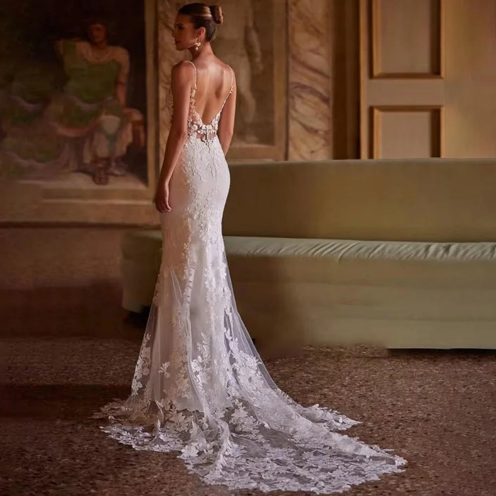 V-Neck Lace Wedding Gown | Spaghetti Strap Bridal Dress by Enternity with Court Train | Customized