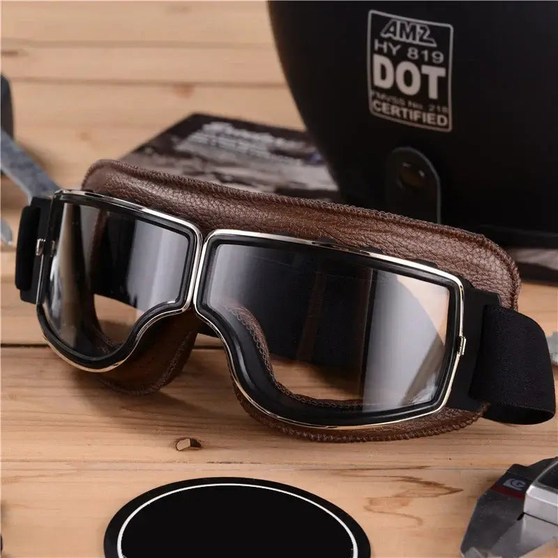 Retro Leather Motorcycle Goggles - Windproof and Foldable for Helmet
