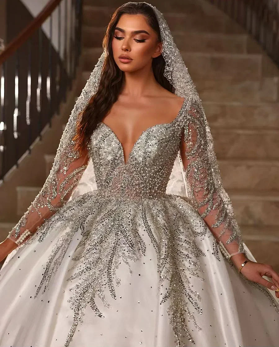 Satin lace wedding dress with pearl details