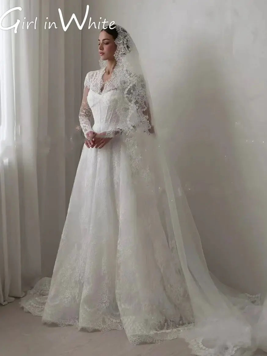 Luxury Modest Bridal Gown | Custom-Fit A-Line Dress with Intricate Lace, V-Neck & Long Sleeves | Elegant Sweep Train