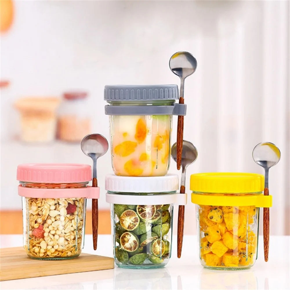Glass jar with lid and spoon for overnight oats