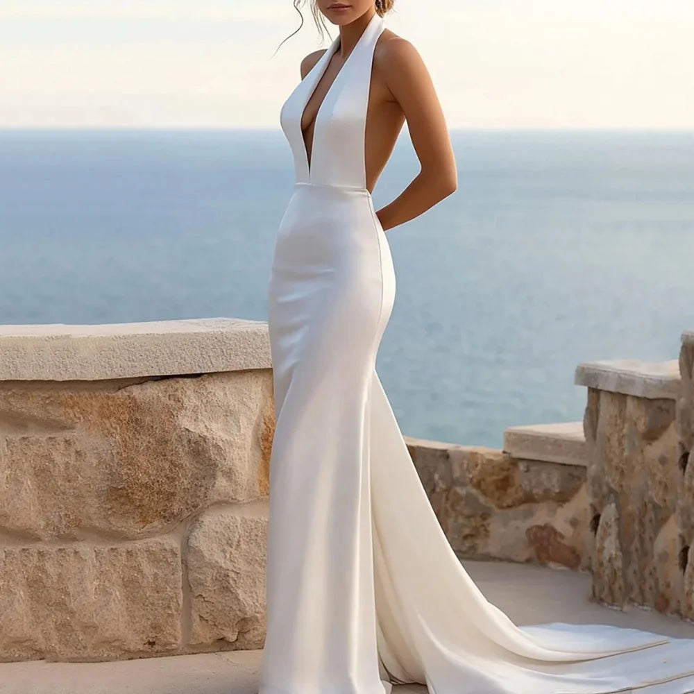 Bohemian halter wedding dress with halter neckline and open back