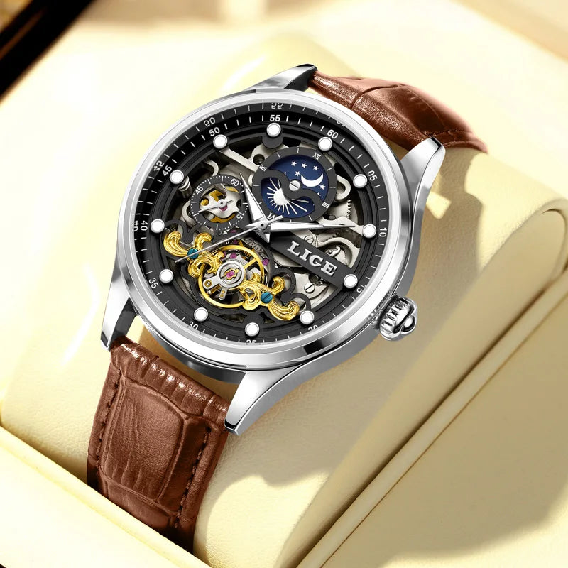 LIGE Men's Skeleton Tourbillon Automatic Waterproof Watch