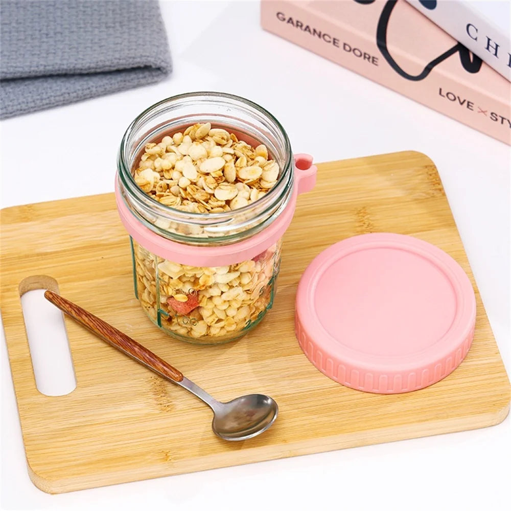 Glass jar with lid and spoon for overnight oats
