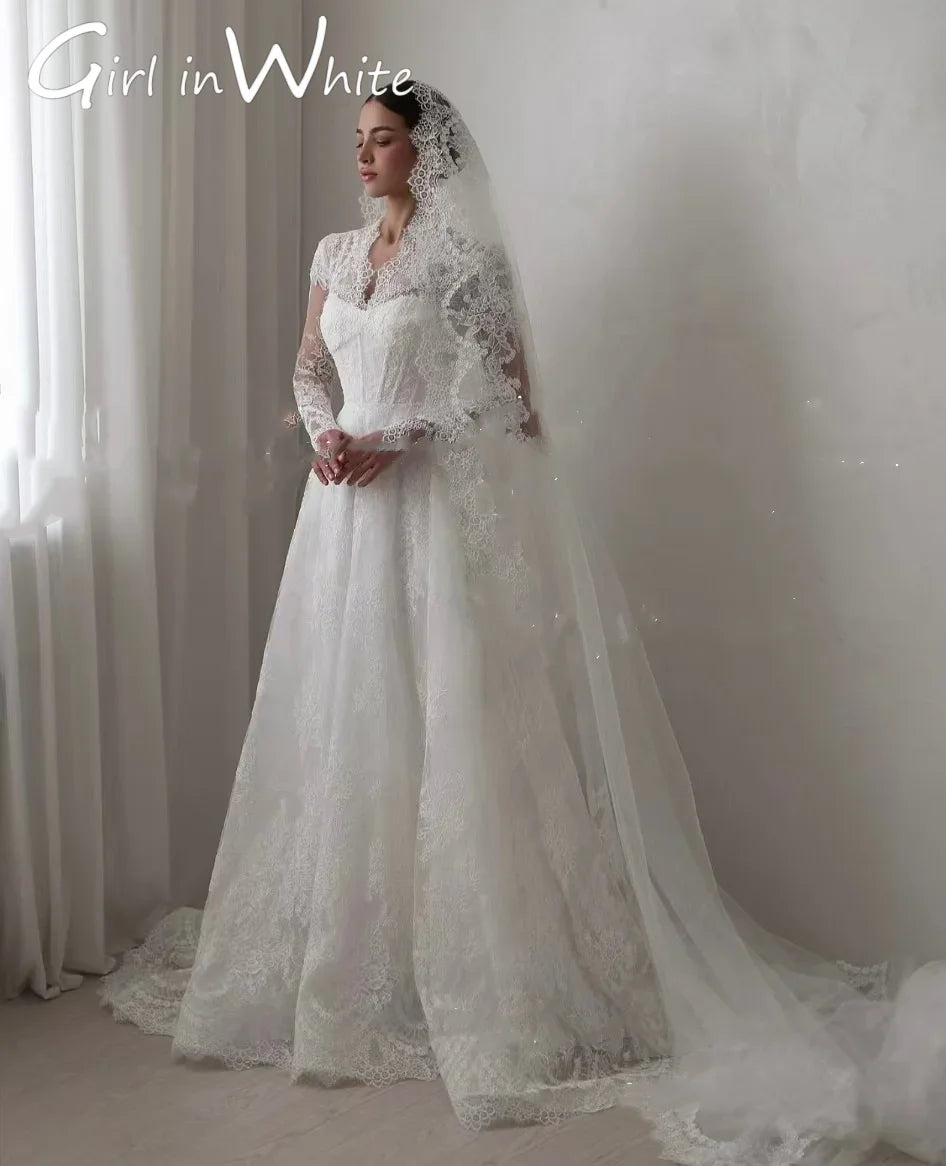 Luxury Modest Bridal Gown | Custom-Fit A-Line Dress with Intricate Lace, V-Neck & Long Sleeves | Elegant Sweep Train