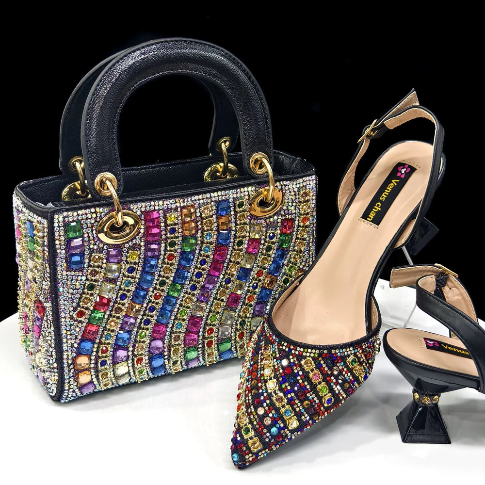 Women Shoe and Handbag Set | Rhinestone Party Heels