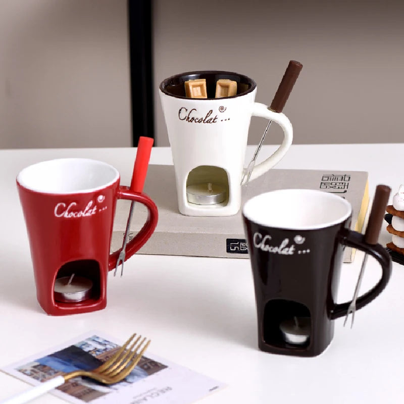 Ceramic Chocolate Fondue Set | Cheese and Chocolate Candle Warmer | Includes Fork
