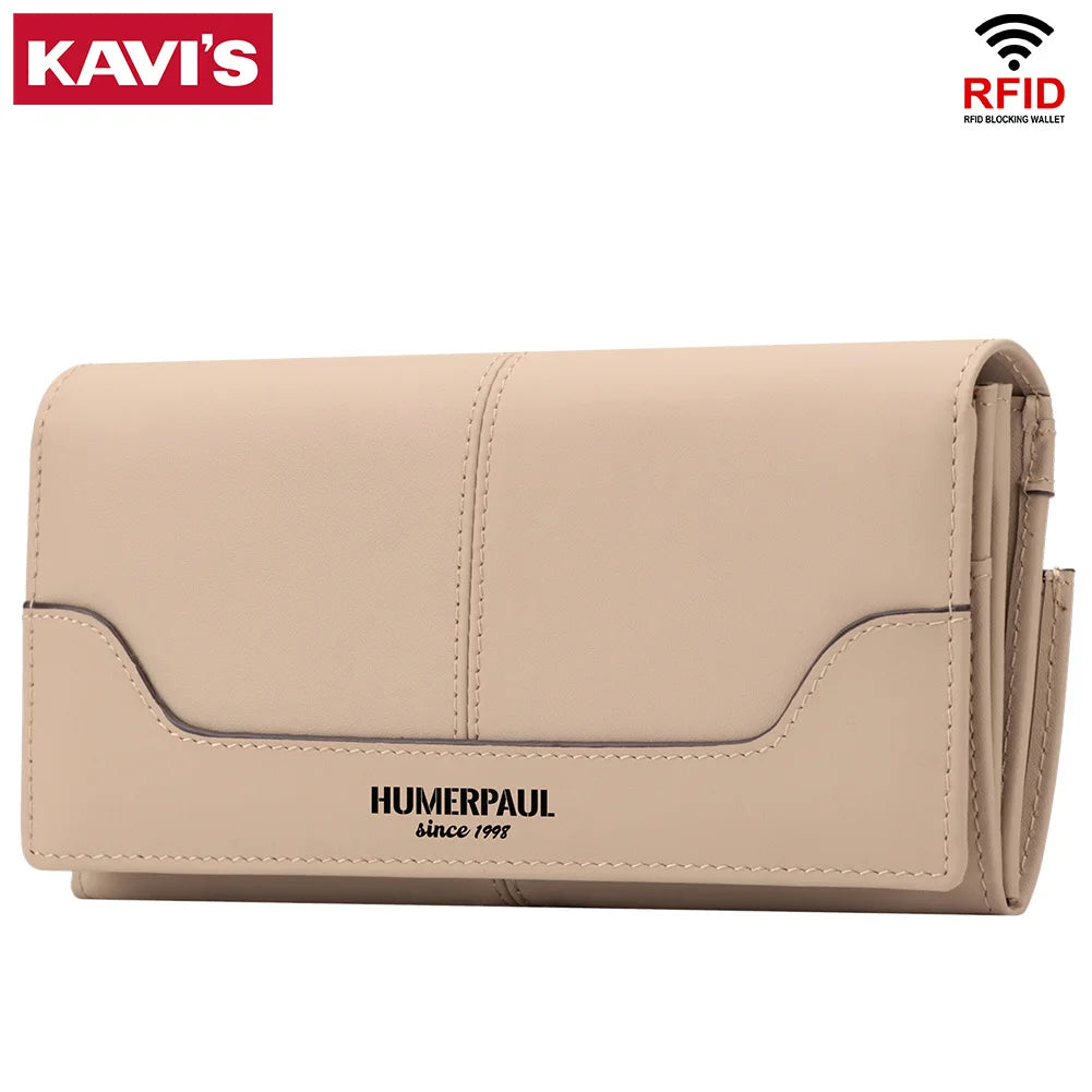Women's Genuine Leather Long Wallet - Luxury Design with RFID Blocking and Coin Purse