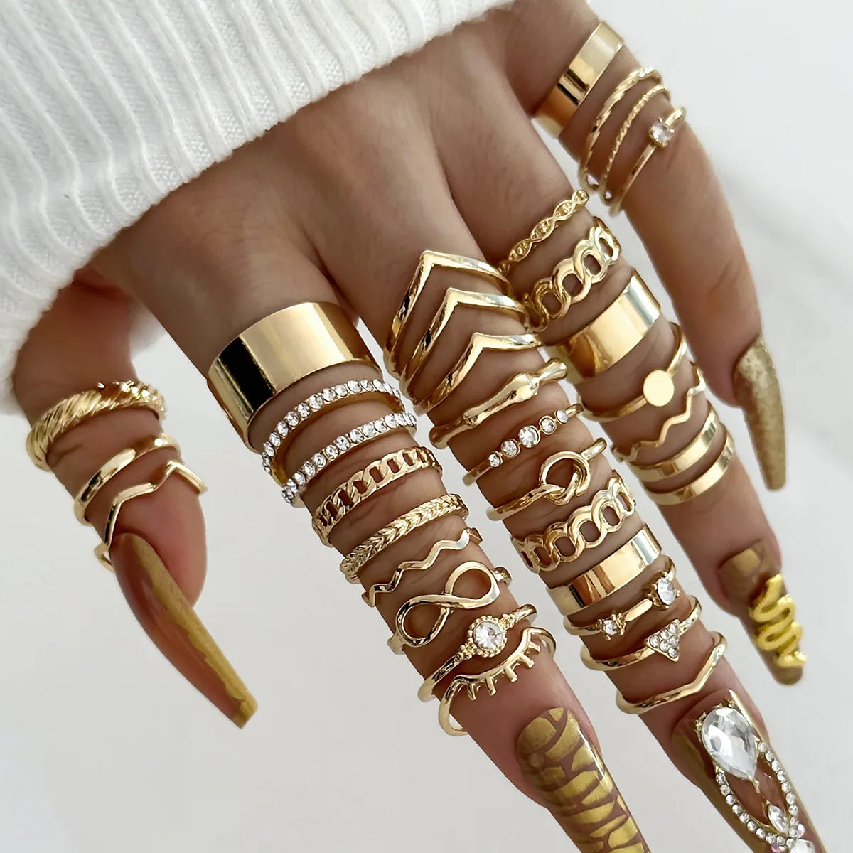 Set of 30 Women's Rings, Bohemian Geometric Stackable and Knuckle Rings, Gold and Silver Jewelry for Parties