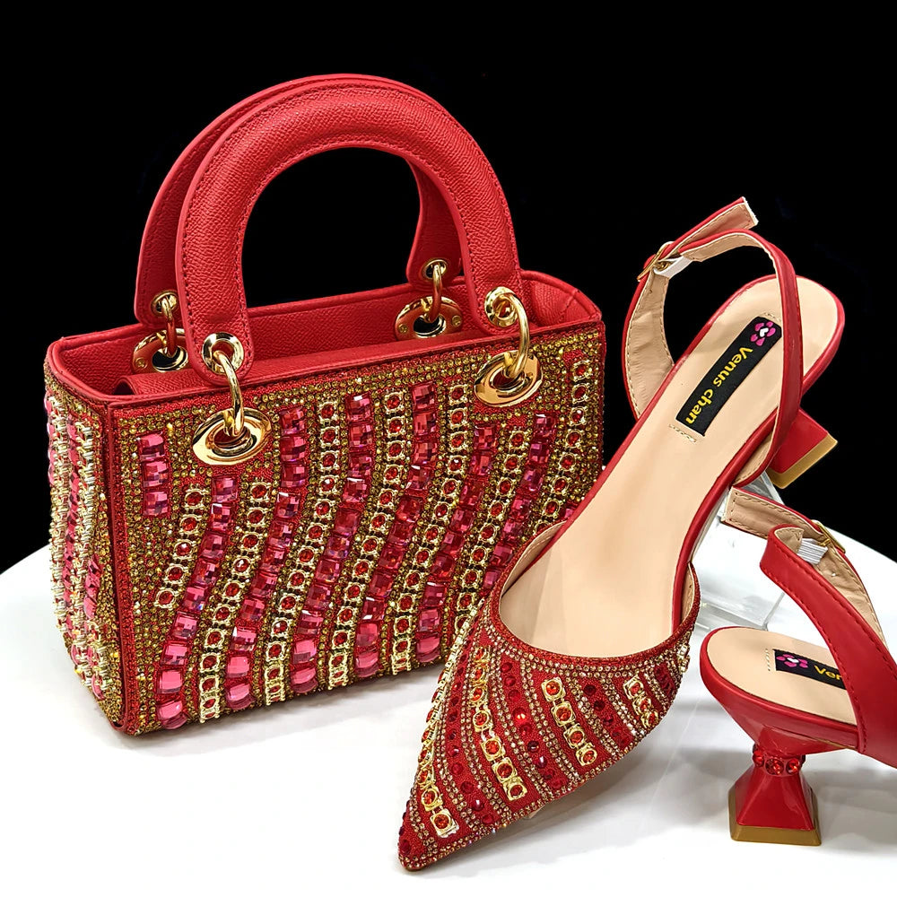 Women Shoe and Handbag Set | Rhinestone Party Heels