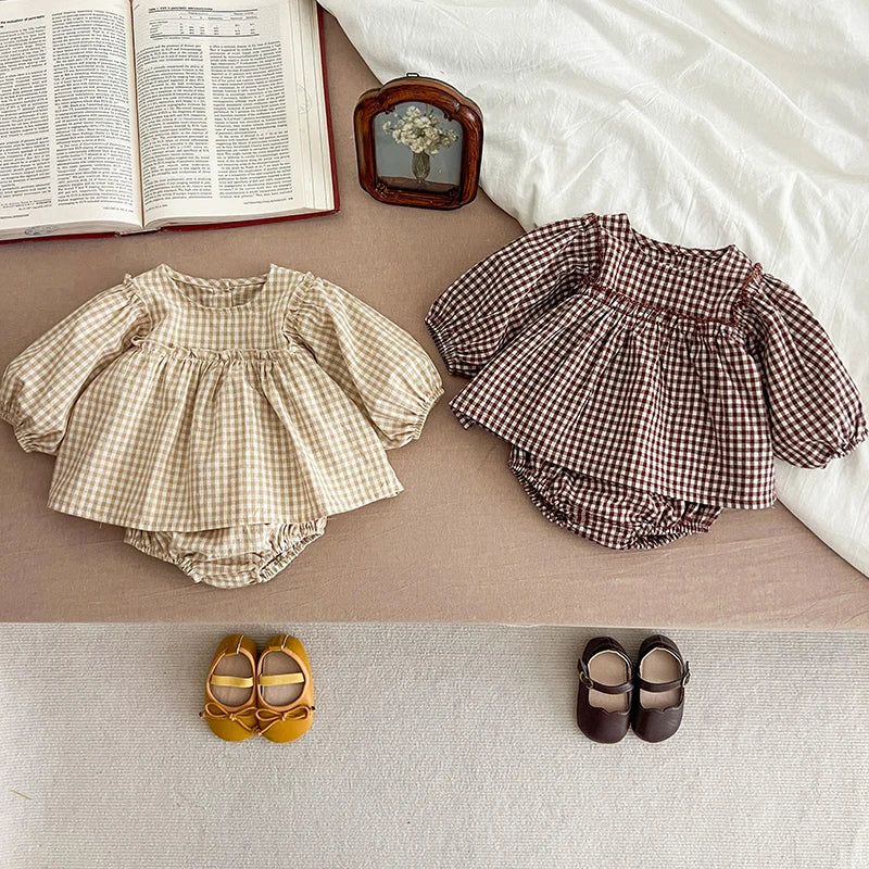 Cotton clothing set for girls with plaid shirt