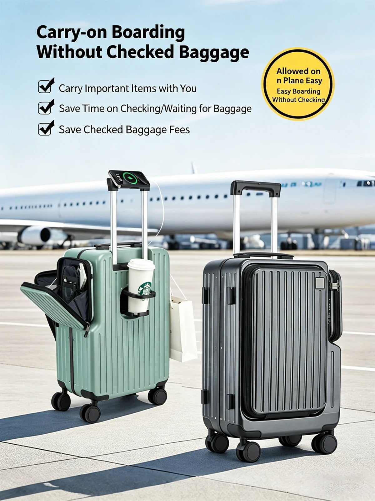 20-inch carry-on suitcase front opening design