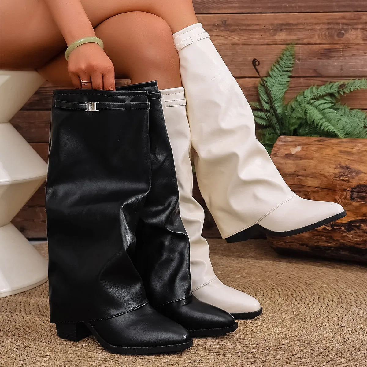 Women's Punk Style Boots | Knee-High Heel Pointed Toe Boots | Faux Leather for Fall Winter