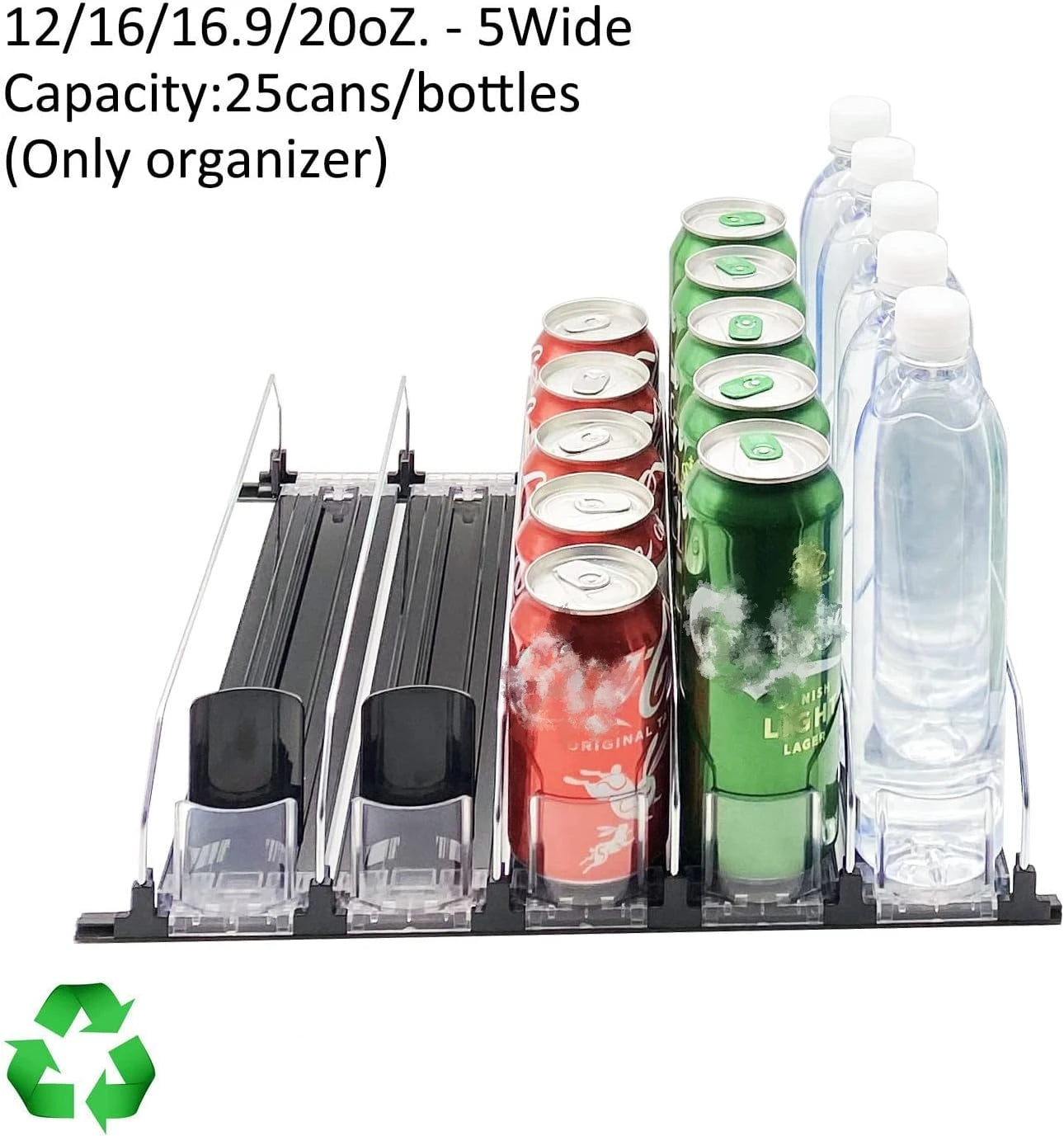Refrigerator Beverage Organizer | Sliding, with pusher for 25 cans.