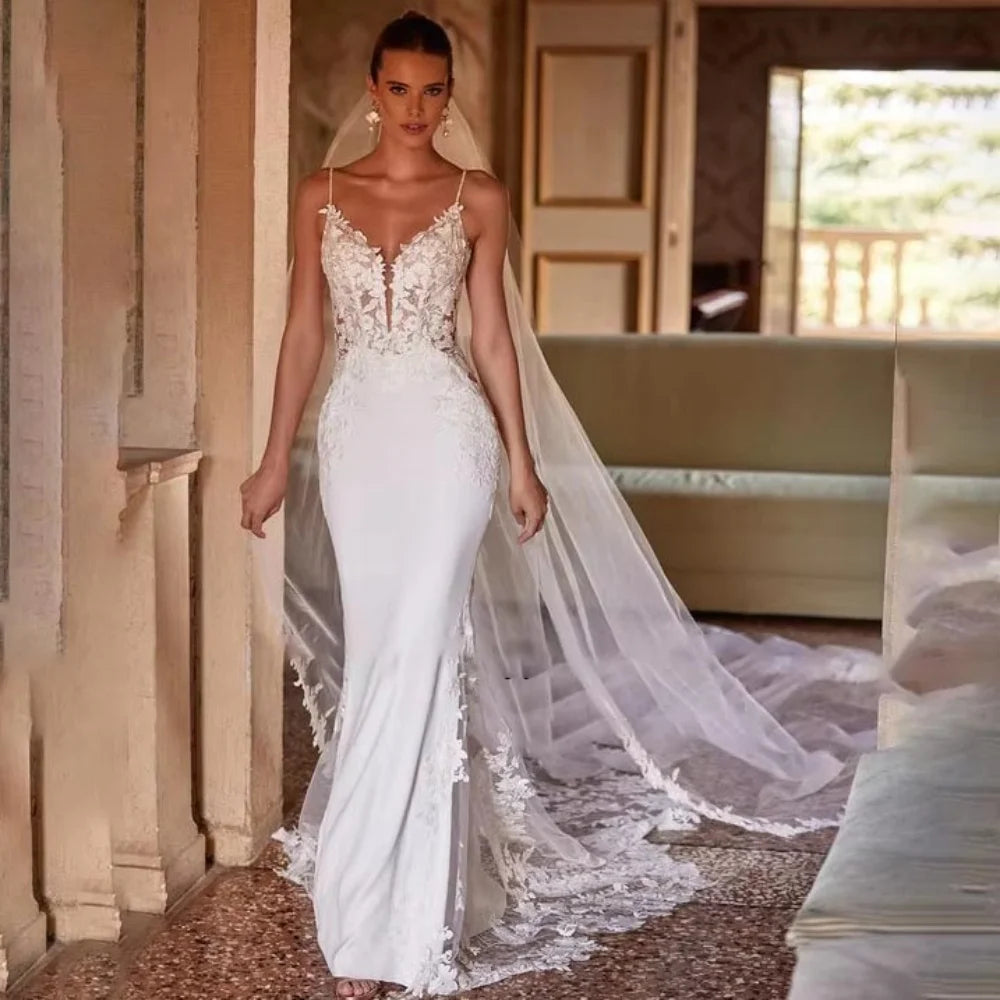 V-Neck Lace Wedding Gown | Spaghetti Strap Bridal Dress by Enternity with Court Train | Customized