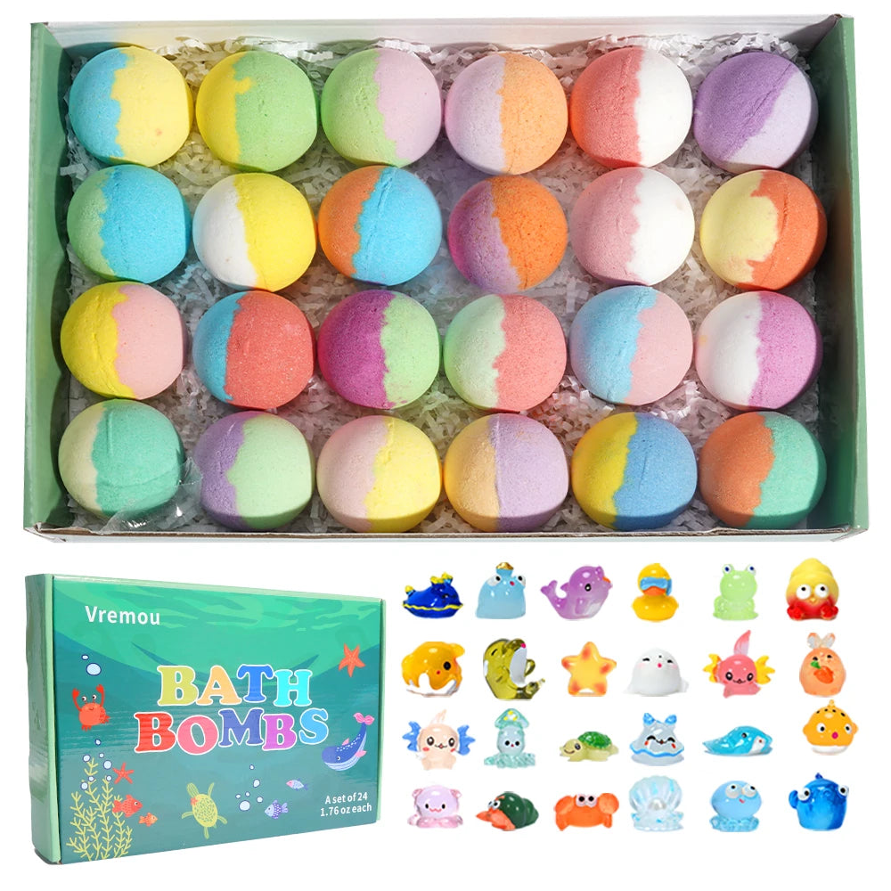 Organic Bath Bomb Gift Set for Kids | 24 Pack with Fun Surprises | Safe Bath Toys