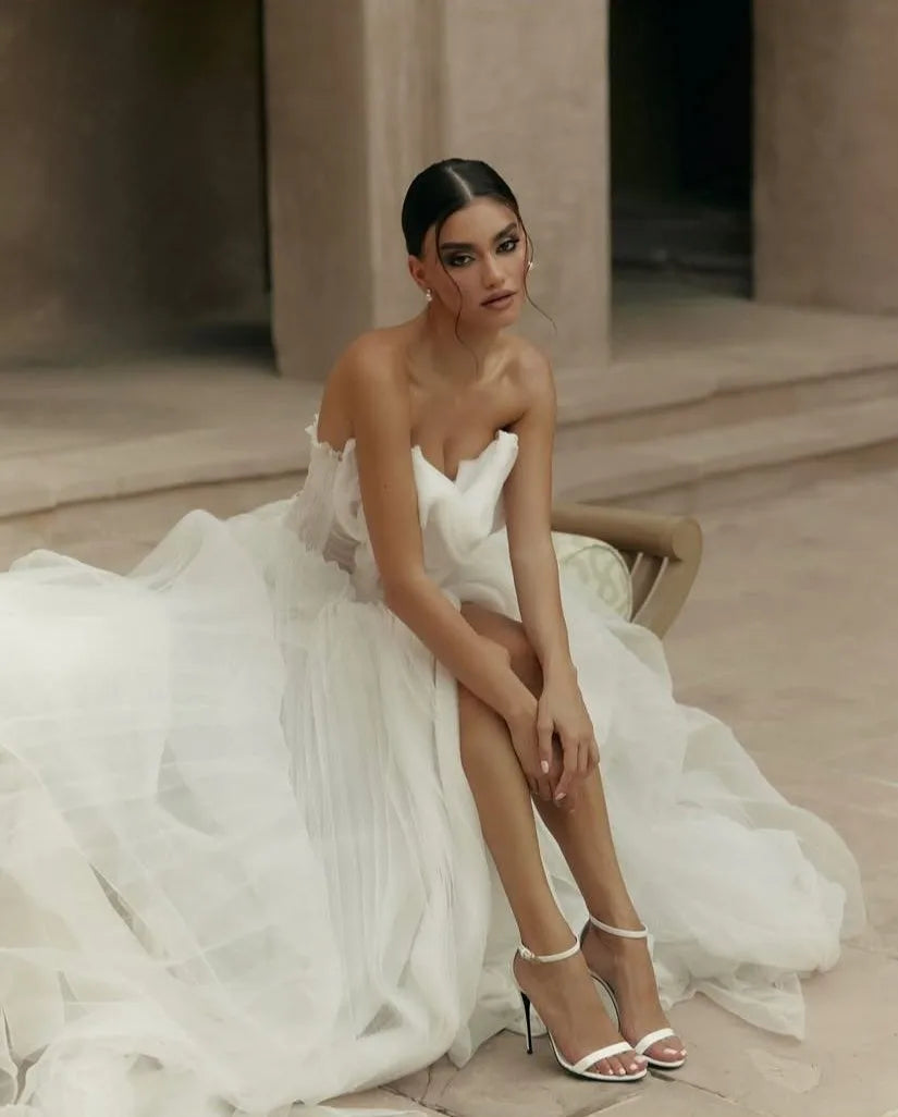 Bohemian ivory wedding dress with off shoulder neckline