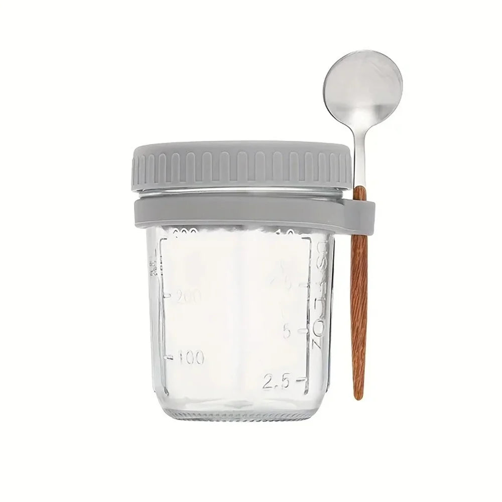 Glass jar with lid and spoon for overnight oats