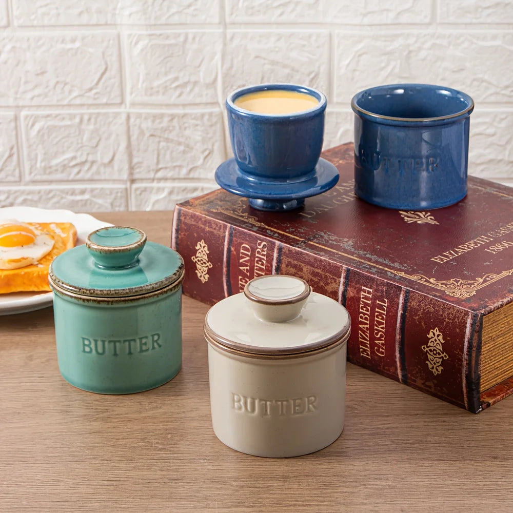 Ceramic Butter Dish with Lid, Handmade Wheel-Cranked Butter Container, Tabletop Butter Dish for Countertop (1 Unit)