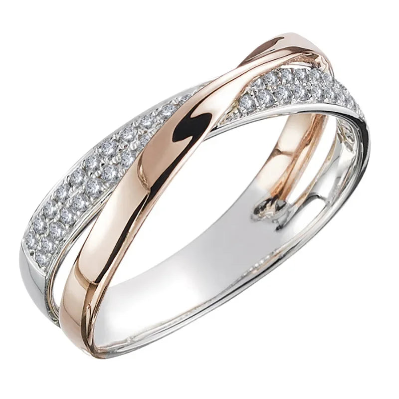 Classic 925 Sterling Silver Women's Ring, X-Shaped Cross, Dazzling Cubic Zirconia, Two-Tone Wedding Ring