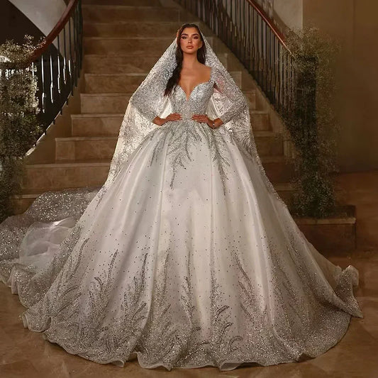 Satin lace wedding dress with long sleeves