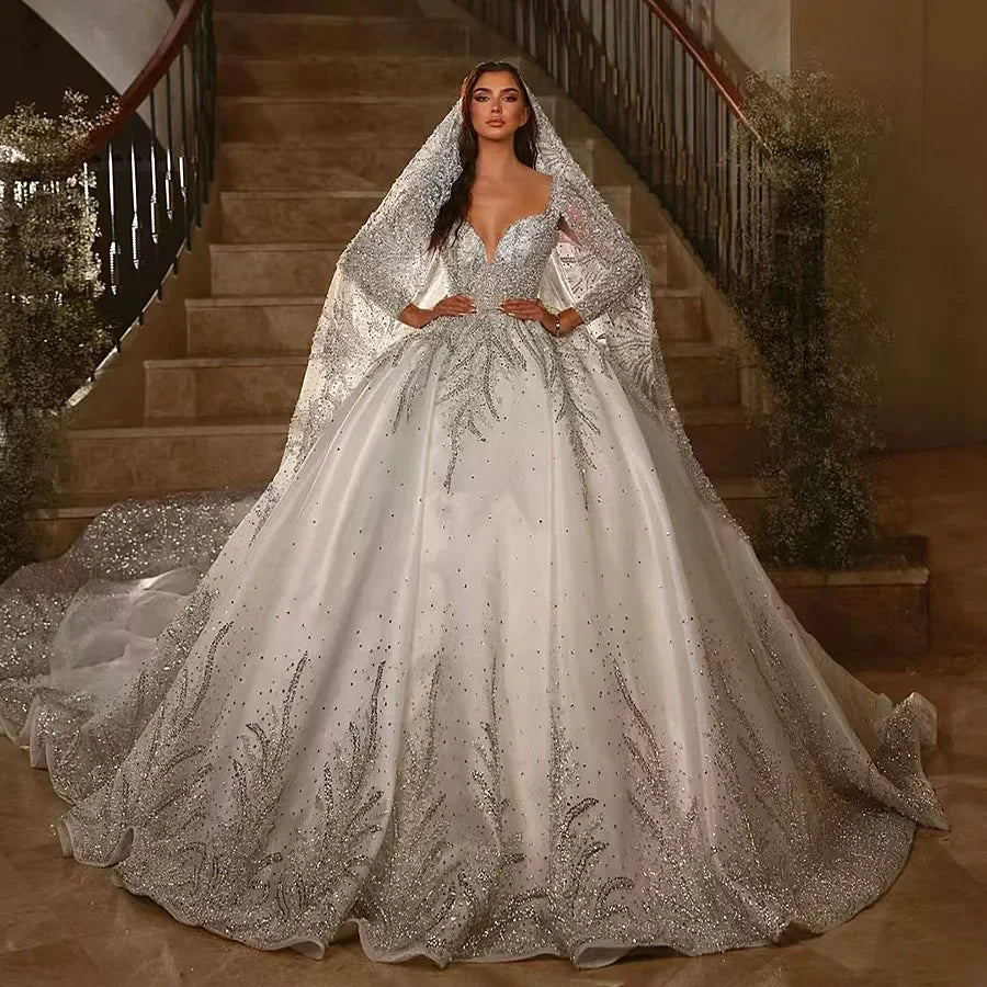 Satin lace wedding dress with long sleeves