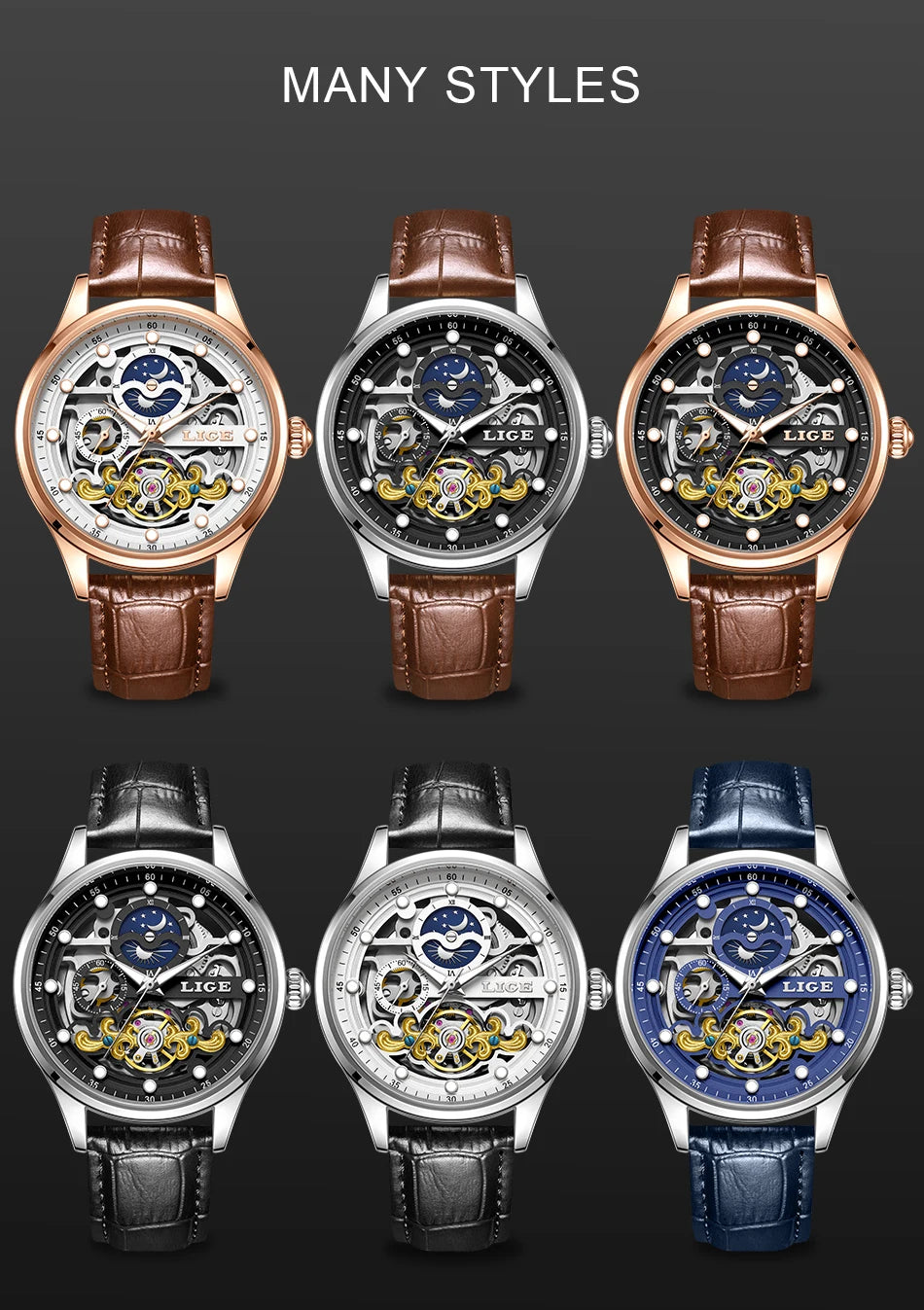 LIGE Men's Skeleton Tourbillon Automatic Waterproof Watch