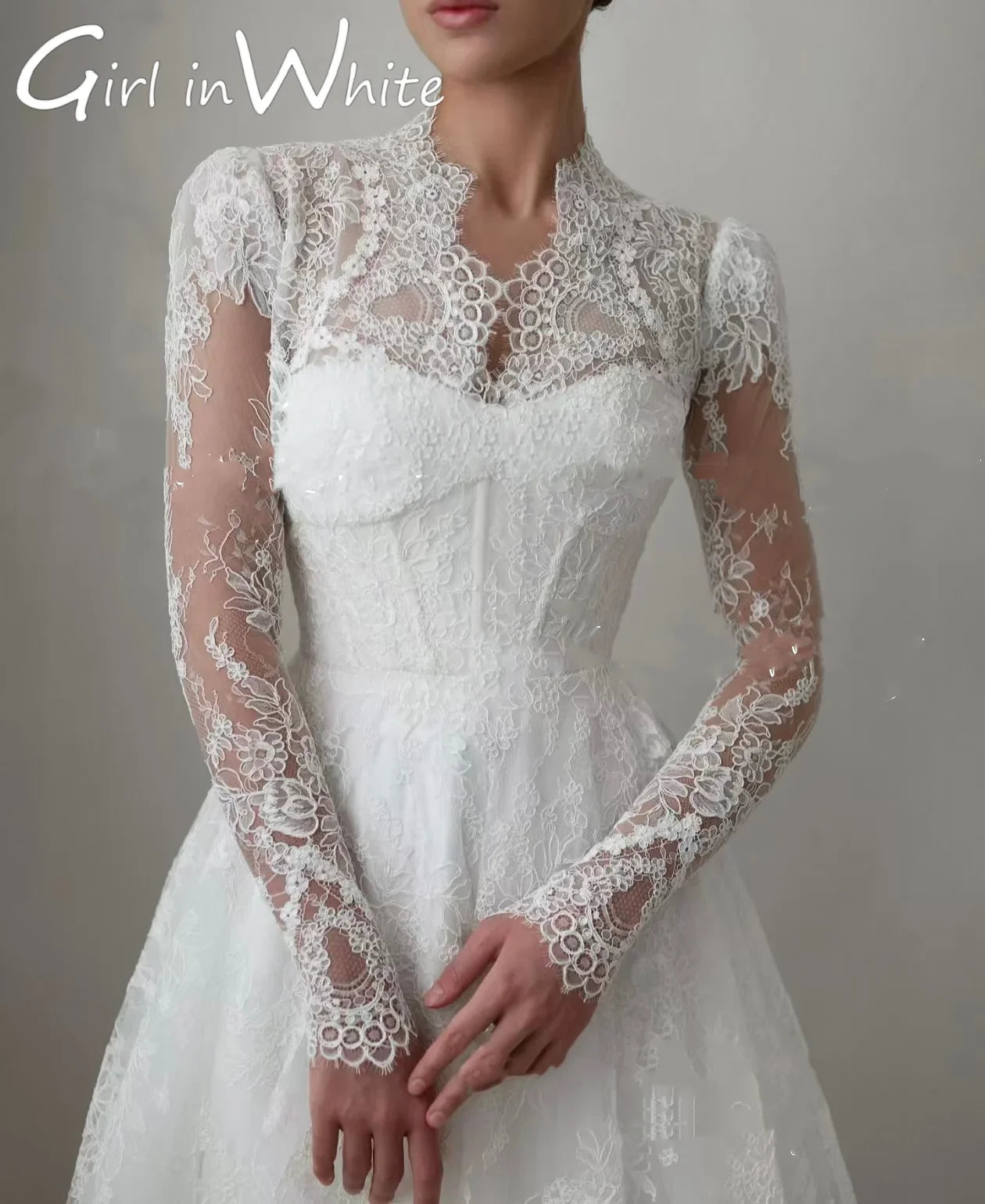 Luxury Modest Bridal Gown | Custom-Fit A-Line Dress with Intricate Lace, V-Neck & Long Sleeves | Elegant Sweep Train