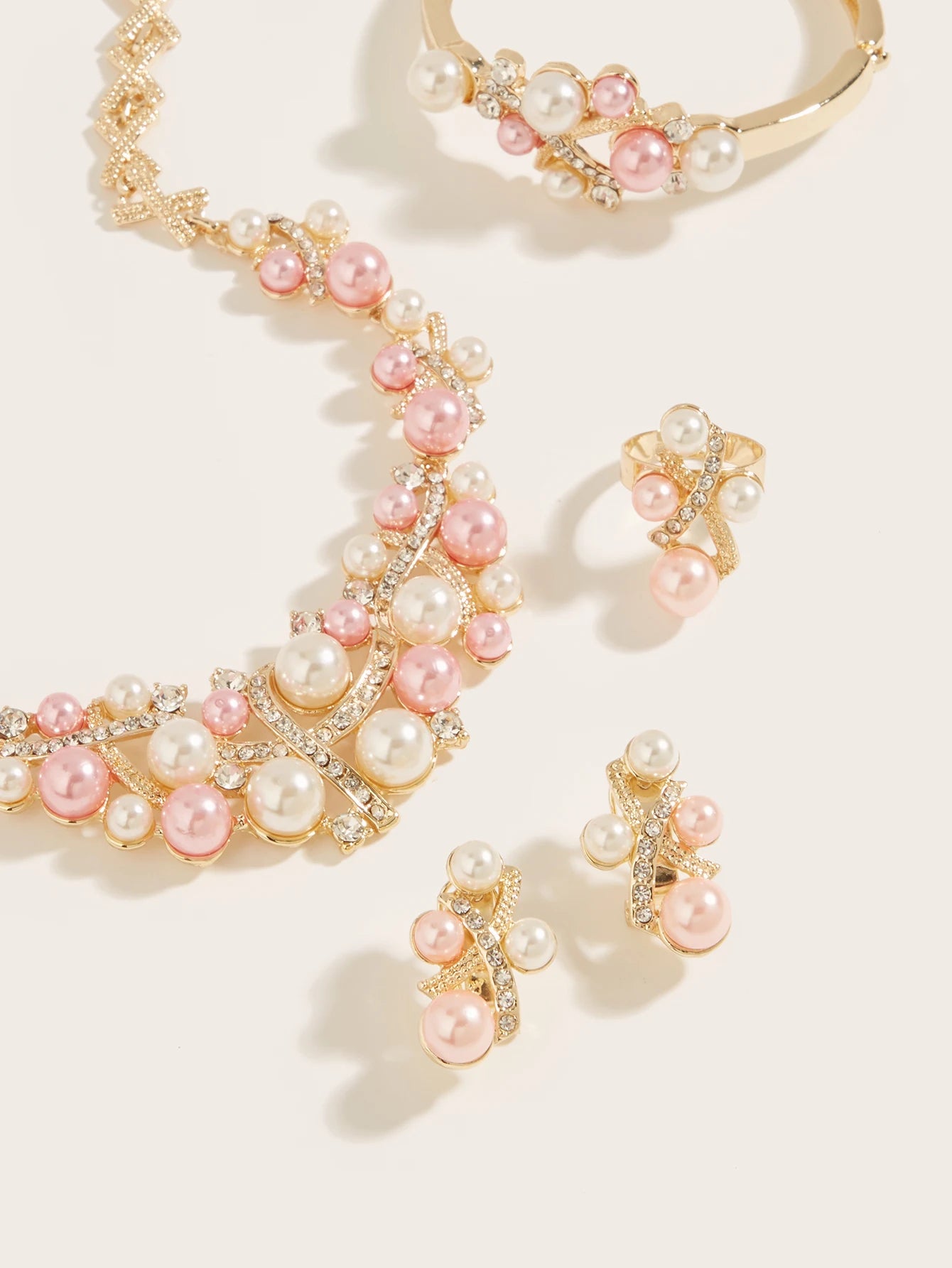 Women's Jewelry Set | 4 Piece Set with Necklace, Bracelet, Earrings and Ring, Imitation Pearls and Pink and White Rhinestones