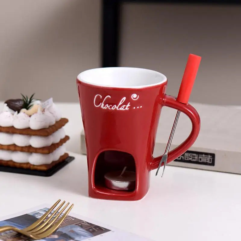 Ceramic Chocolate Fondue Set | Cheese and Chocolate Candle Warmer | Includes Fork