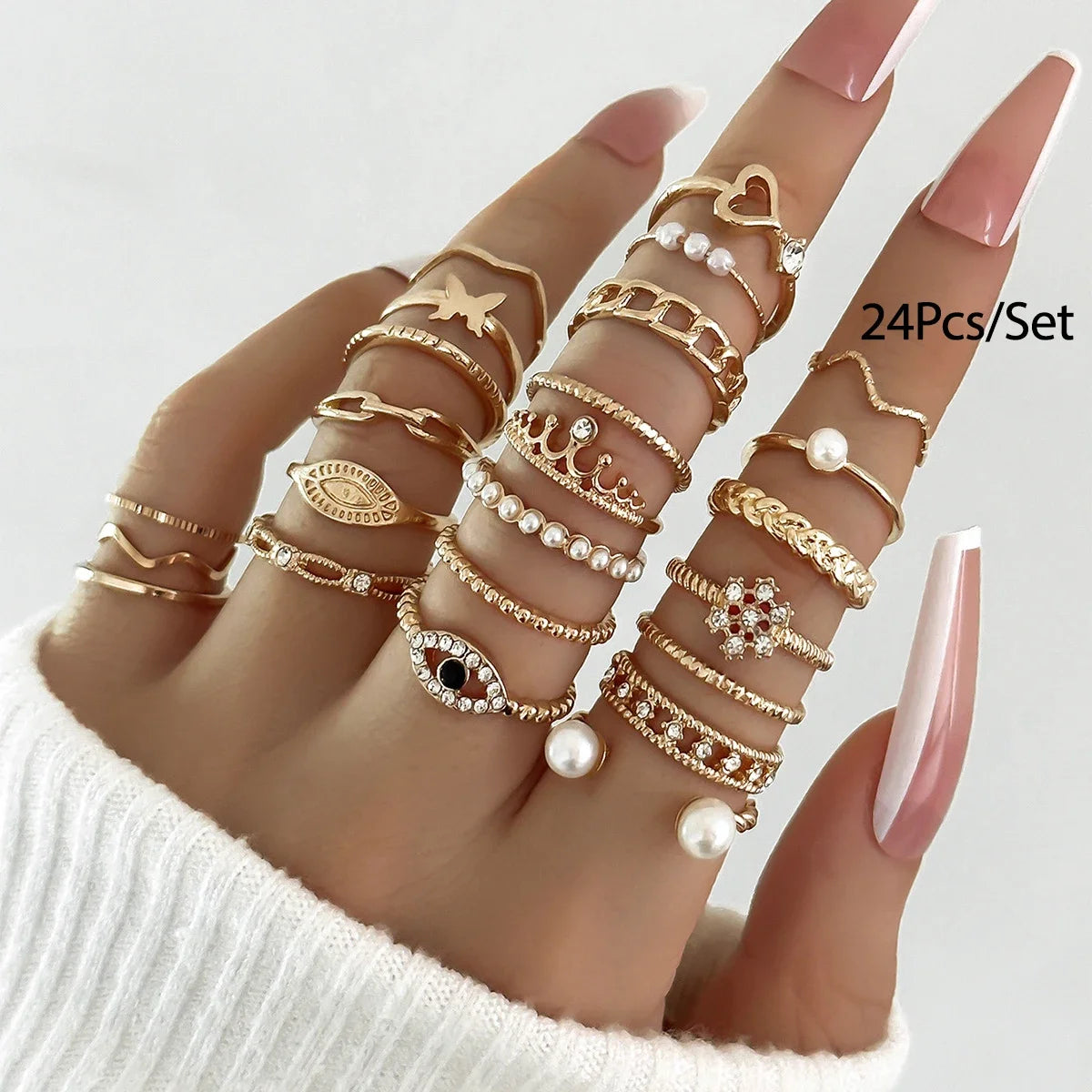 Set of 30 Women's Rings, Bohemian Geometric Stackable and Knuckle Rings, Gold and Silver Jewelry for Parties
