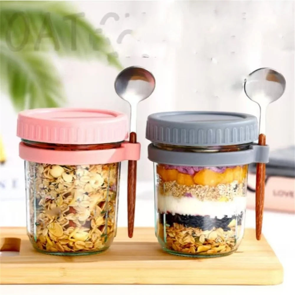 Glass jar with lid and spoon for overnight oats