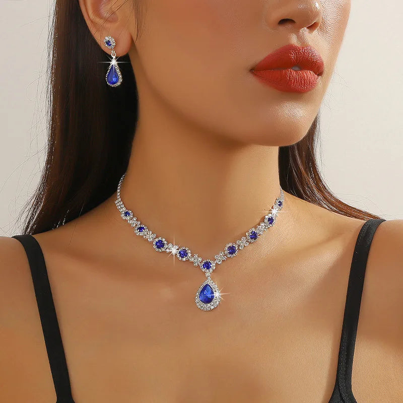 Women's Jewelry Set (2 Pieces) | Elegant Pendant Necklace and Stud Earrings with Water Drop and Rhinestones