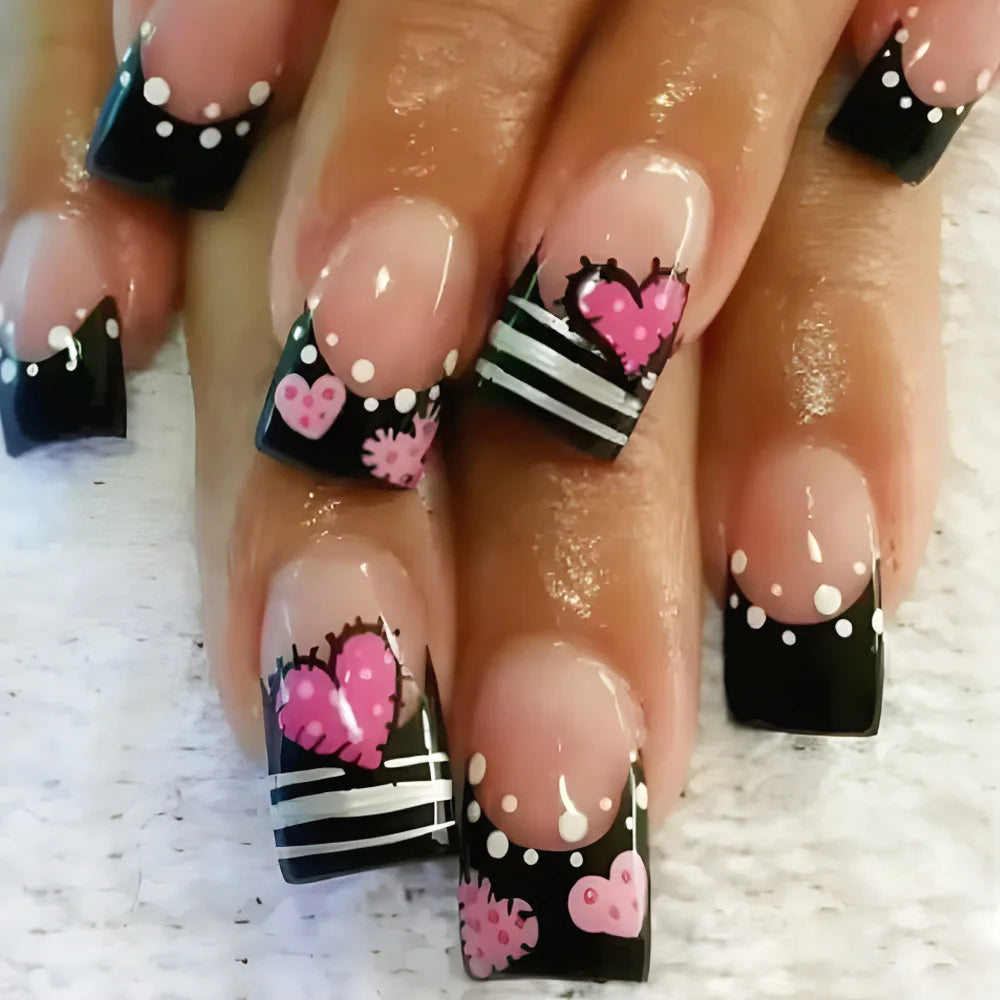 Y2K press on nails black French tips