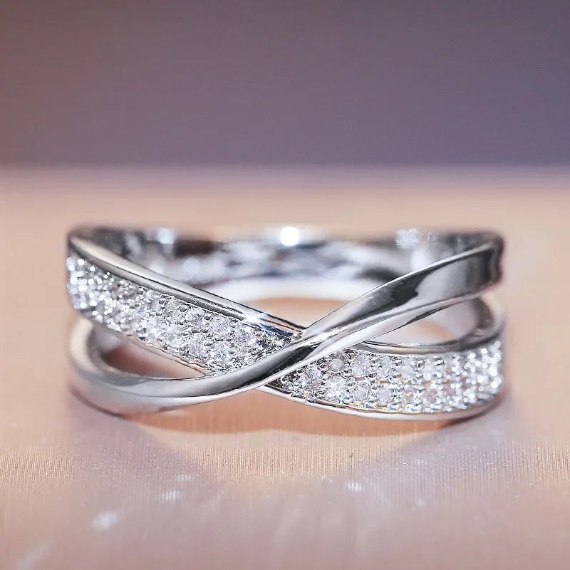 Classic 925 Sterling Silver Women's Ring, X-Shaped Cross, Dazzling Cubic Zirconia, Two-Tone Wedding Ring