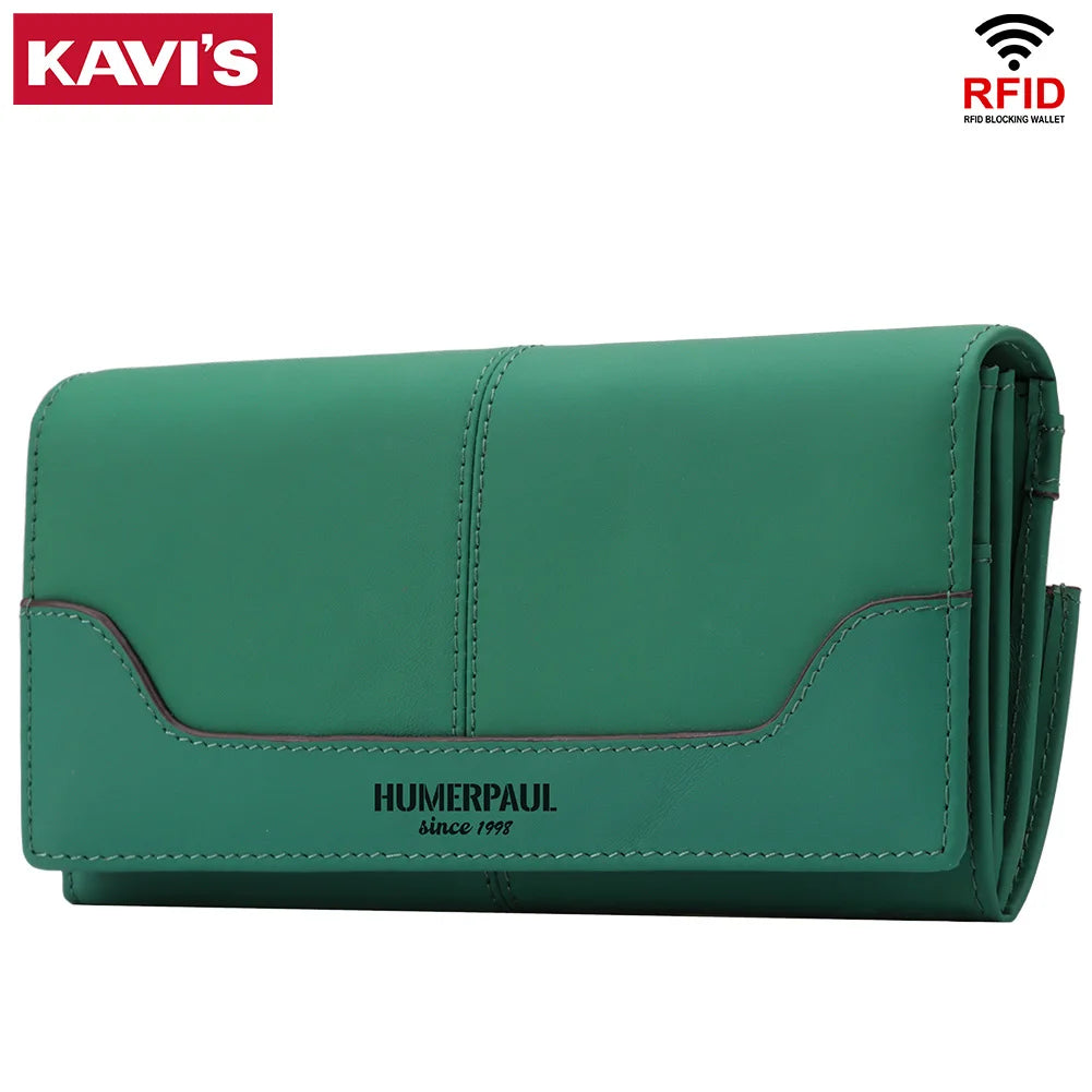 Women's Genuine Leather Long Wallet - Luxury Design with RFID Blocking and Coin Purse