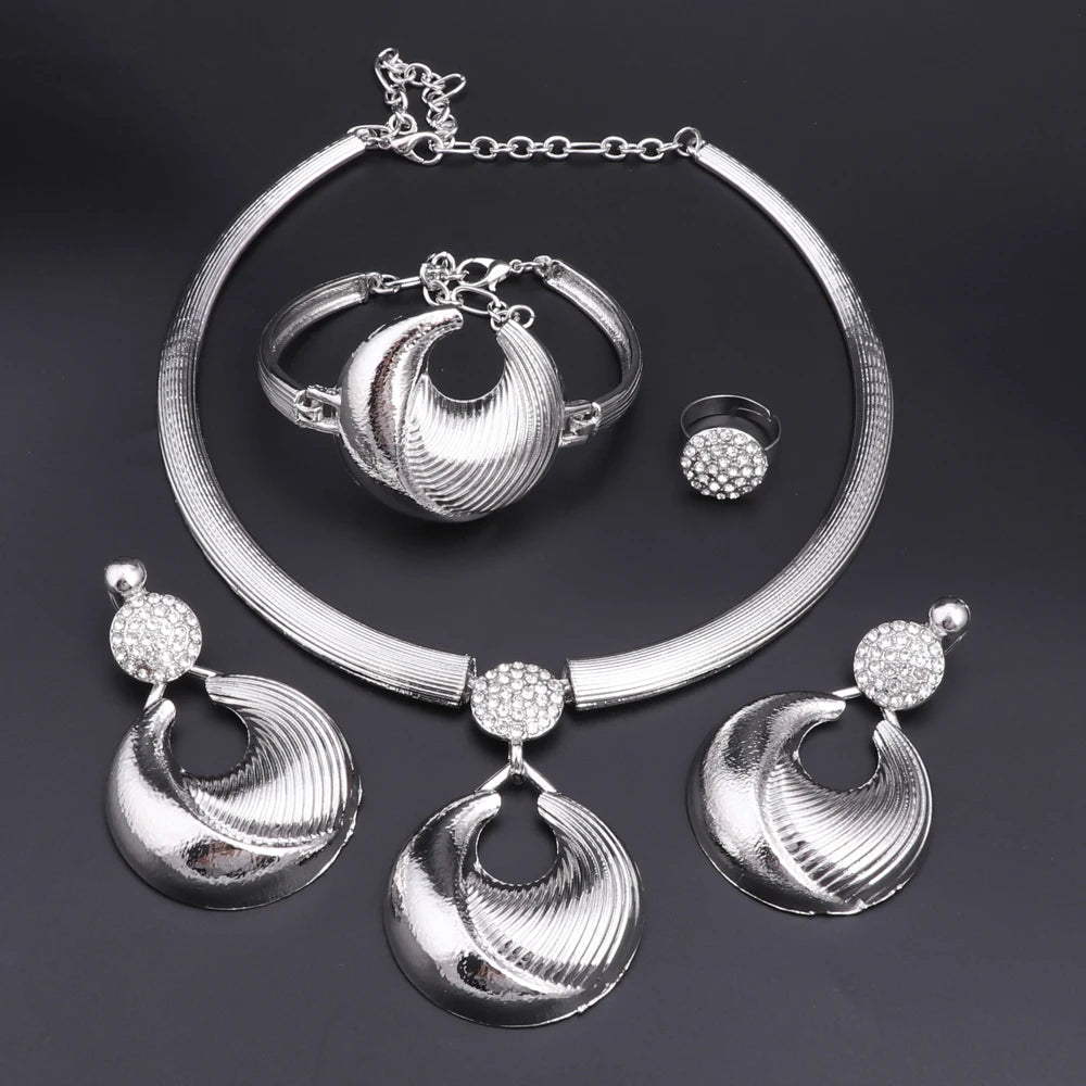 Women's Jewelry Set | Dubai Style, Silver, with Necklace, Earrings, Bracelet and Ring, for Weddings and Parties, Fashion Trend