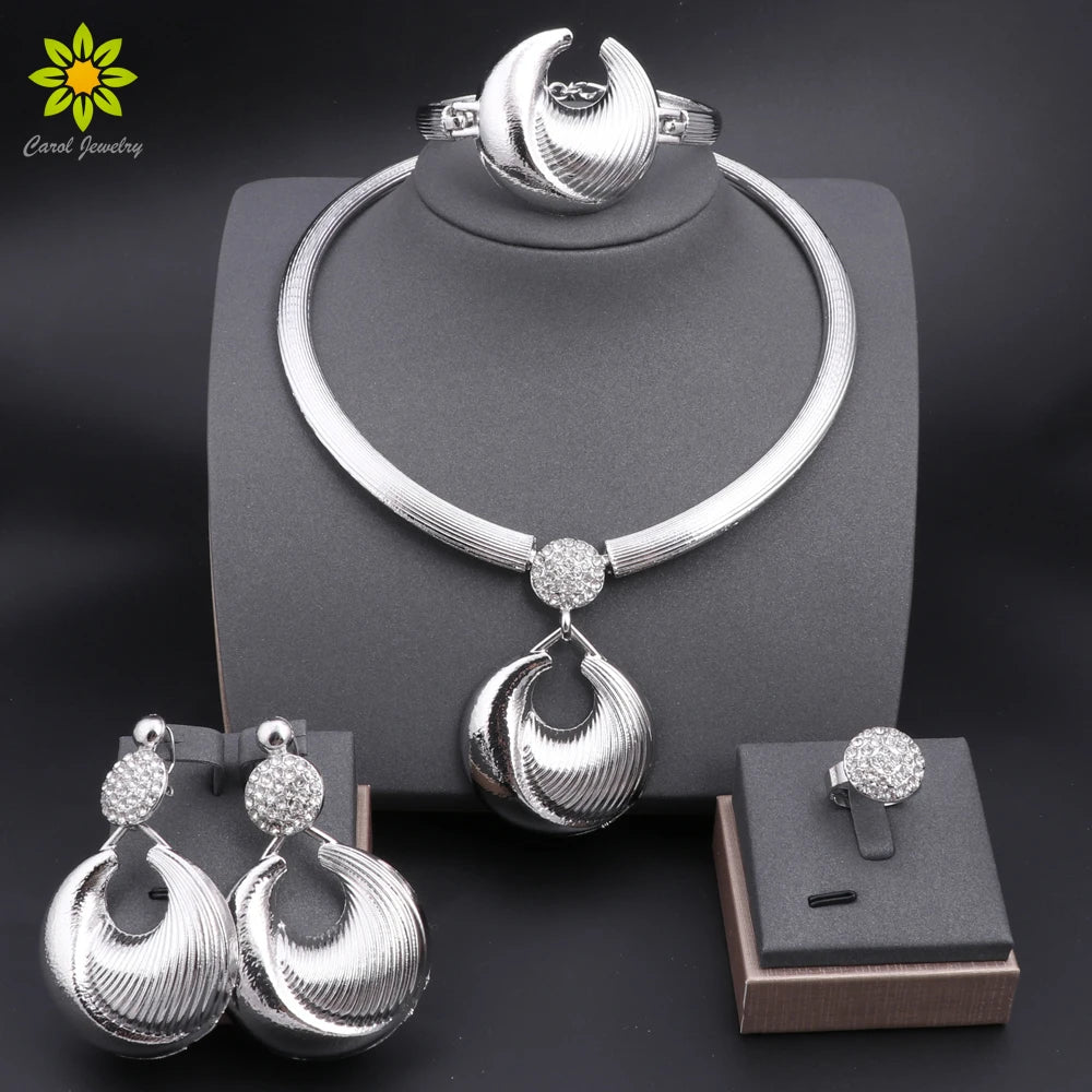 Women's Jewelry Set | Dubai Style, Silver, with Necklace, Earrings, Bracelet and Ring, for Weddings and Parties, Fashion Trend