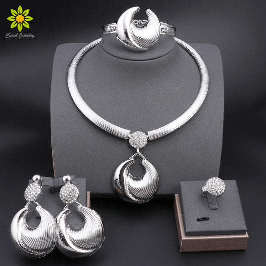 Women's Jewelry Set | Dubai Style, Silver, with Necklace, Earrings, Bracelet and Ring, for Weddings and Parties, Fashion Trend