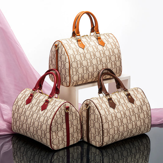 C-Women's Handbag | Boston Style, Brown, with Letter Print, Autumn/Winter Collection, New, Handbag, Large Capacity