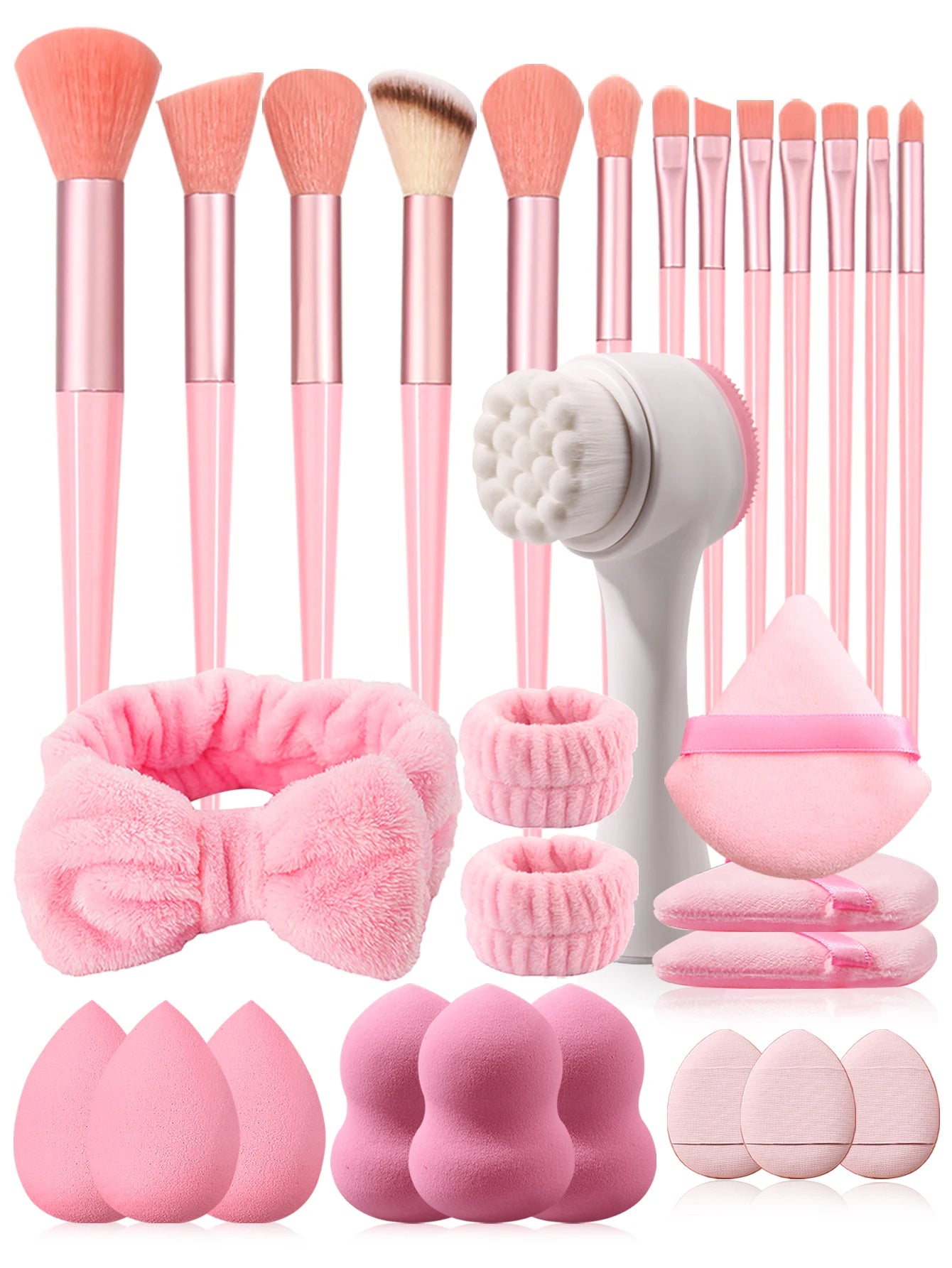 29-Piece Makeup Kit, Set of 13 Brushes and 12 Sponges, Includes Headband, Wristband and Facial Cleansing Brush, Complete Accessories