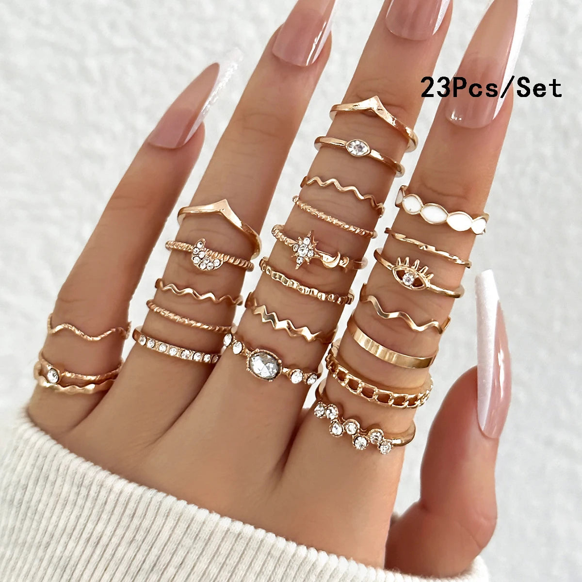 23Pcs Gold & Silver Knuckle Rings Set for Women, Crystal Star & Moon Designs for Party & Gifts