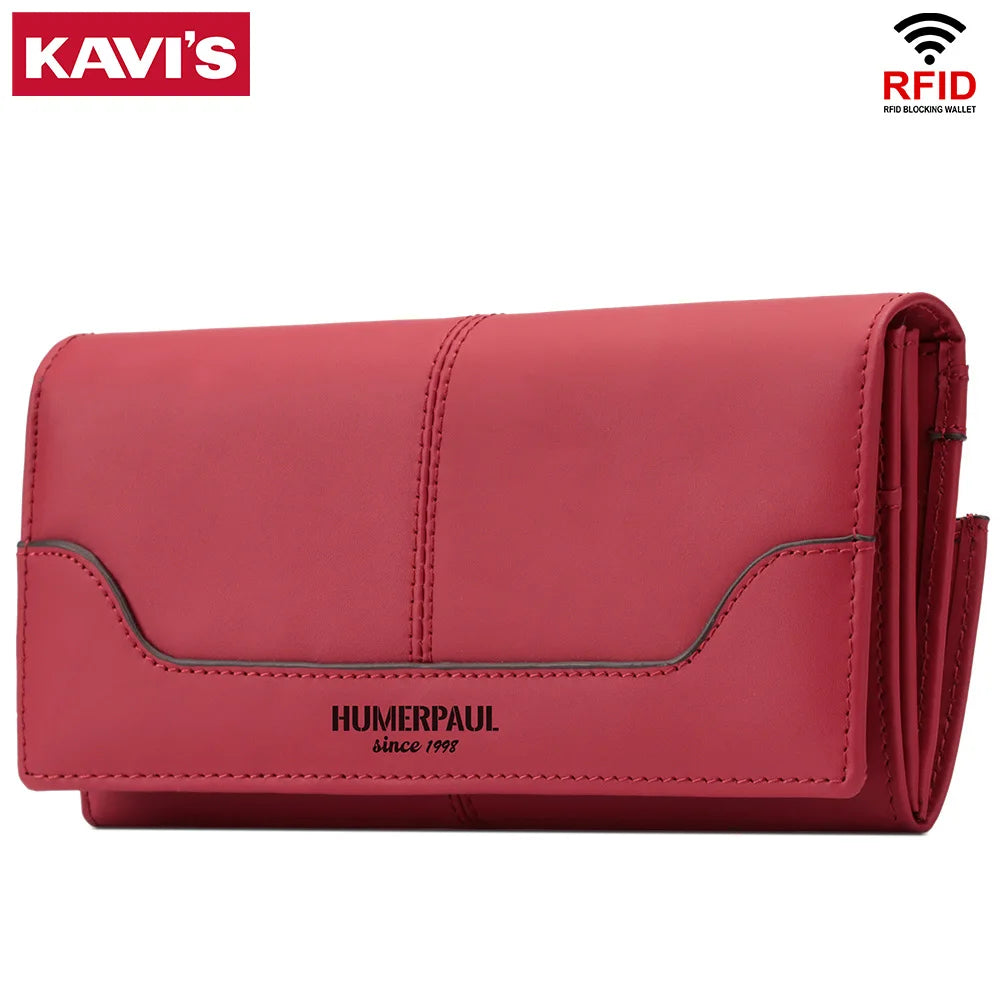 Women's Genuine Leather Long Wallet - Luxury Design with RFID Blocking and Coin Purse