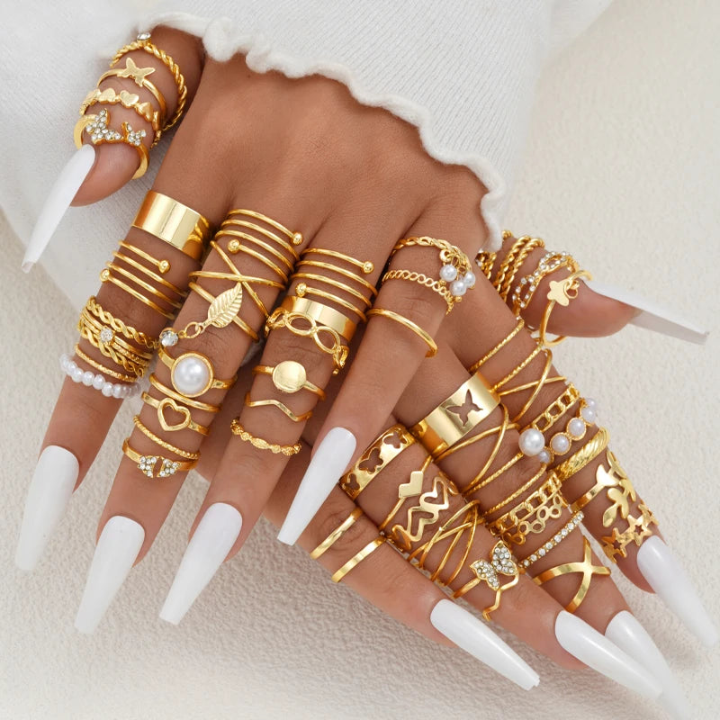 58PCS Gold Plated Rings Set for Women, Vintage Heart Snake & Butterfly Designs