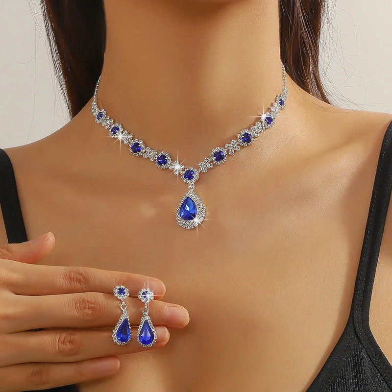 Women's Jewelry Set (2 Pieces) | Elegant Pendant Necklace and Stud Earrings with Water Drop and Rhinestones