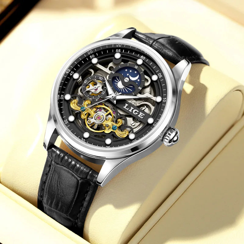 LIGE Men's Skeleton Tourbillon Automatic Waterproof Watch