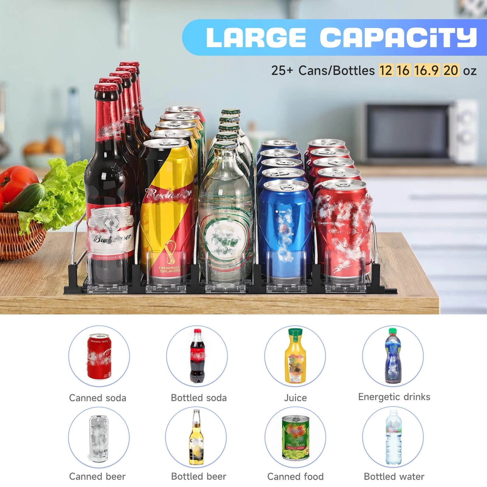 Refrigerator Beverage Organizer | Sliding, with pusher for 25 cans.