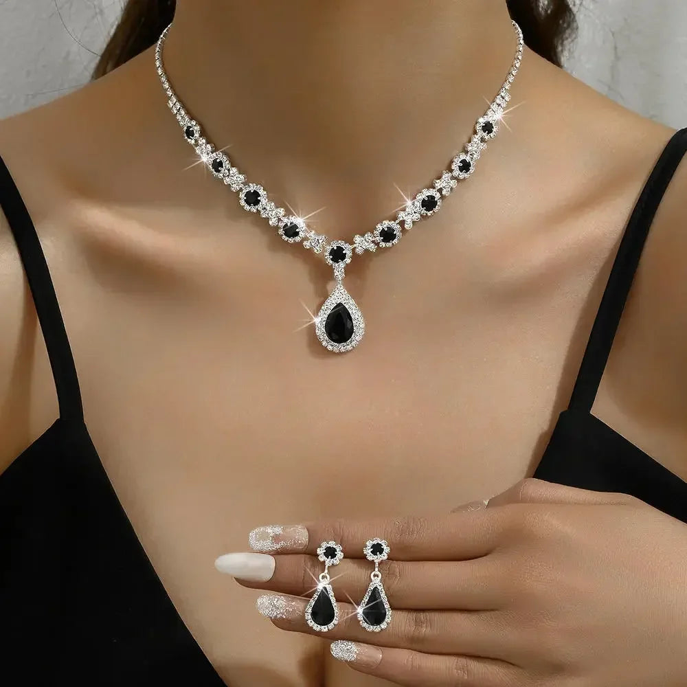 Women's Jewelry Set (2 Pieces) | Elegant Pendant Necklace and Stud Earrings with Water Drop and Rhinestones