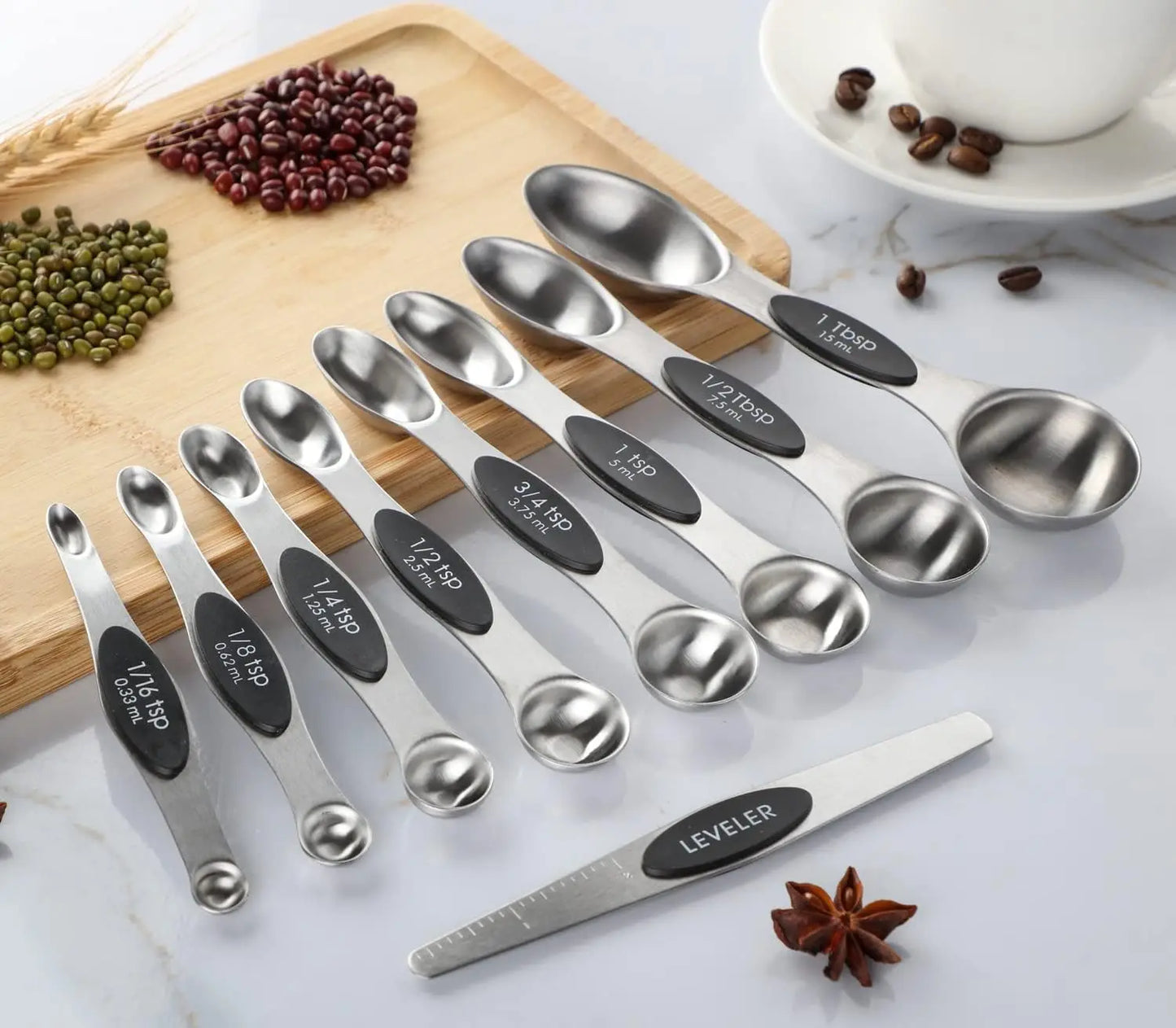 Double-Sided Magnetic Measuring Spoons, Stainless Steel and Stackable